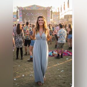 🌼 AQUA Gray & Yellow Knit Maxi Dress w/ Crochet Back – Size Small (Altered) 🌼